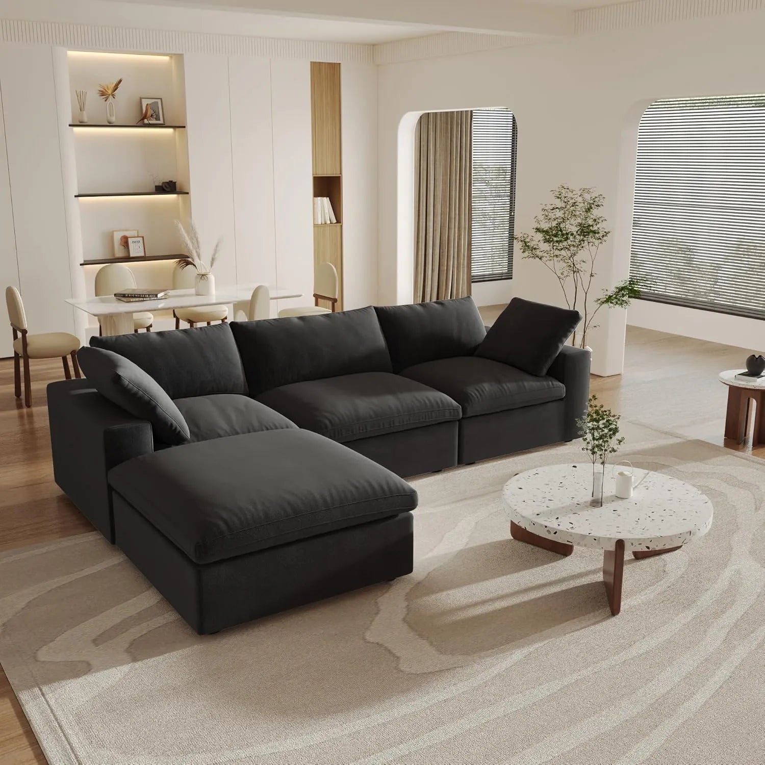 Canapés d'angle Deluxe Premium Cloud | Ensemble 4 pièces en coton et lin noir, forme L, pouf de rangement 120 cm, 3 places