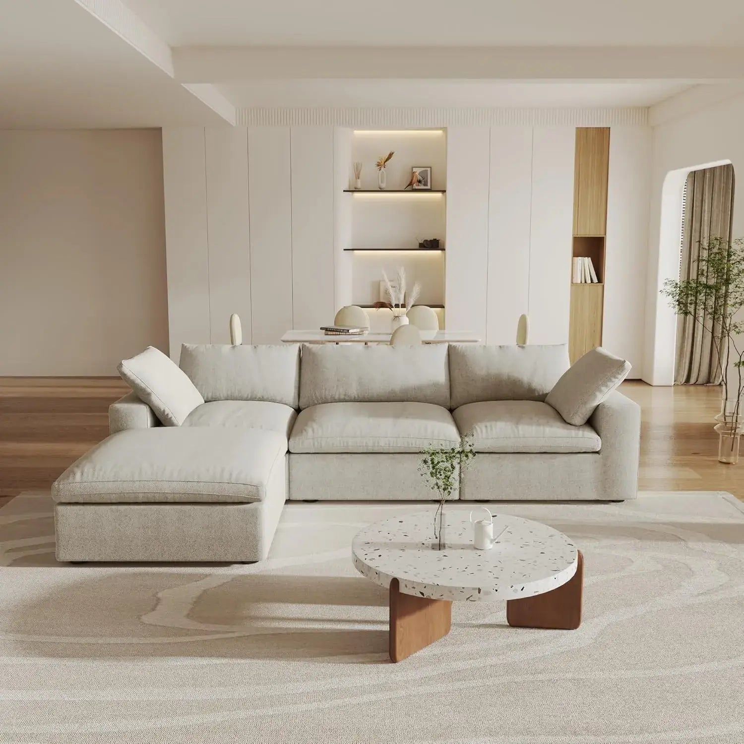 Canapés d'angle Deluxe Premium Cloud | Canapés d'angle en L 4 pièces en coton et lin kaki, confort optimal, 3 places