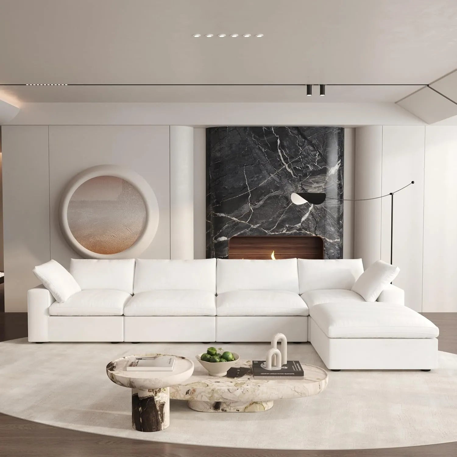 Canapés d'angle Deluxe Premium Cloud | Ensemble 5 pièces en coton et lin blanc, en forme de L, 4 places, housses amovibles et lavables, 160 cm