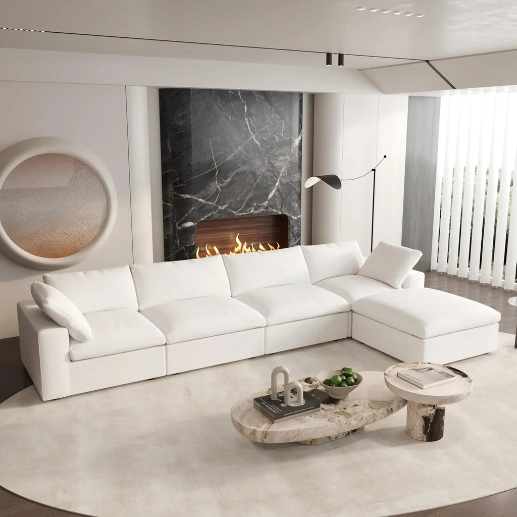 Canapés d'angle Deluxe Premium Cloud | Ensemble 5 pièces en coton et lin blanc, en forme de L, 4 places, housses amovibles et lavables, 160 cm