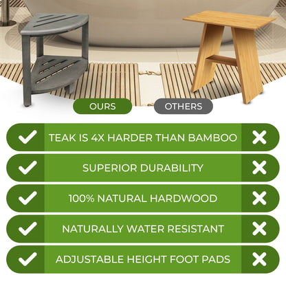 CoastalVogue, Teak Corner Shower Shelf, Shower Stool for Shaving Legs, Shower Foot Stool, Teak Shower Stool, Corner Shower Stool