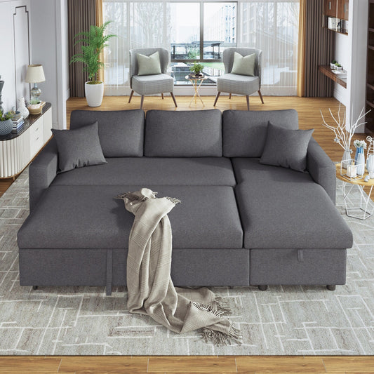 Convertible L-Shaped Sectional Sofa with Pull-Out Bed and Storage Space, 2 Tossing Cushions