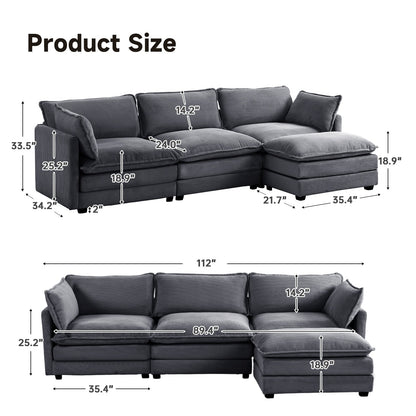 Corduroy Sectional Sofa with Removable Ottomans & Ultra-soft Cushions for Living Room & Bedroom