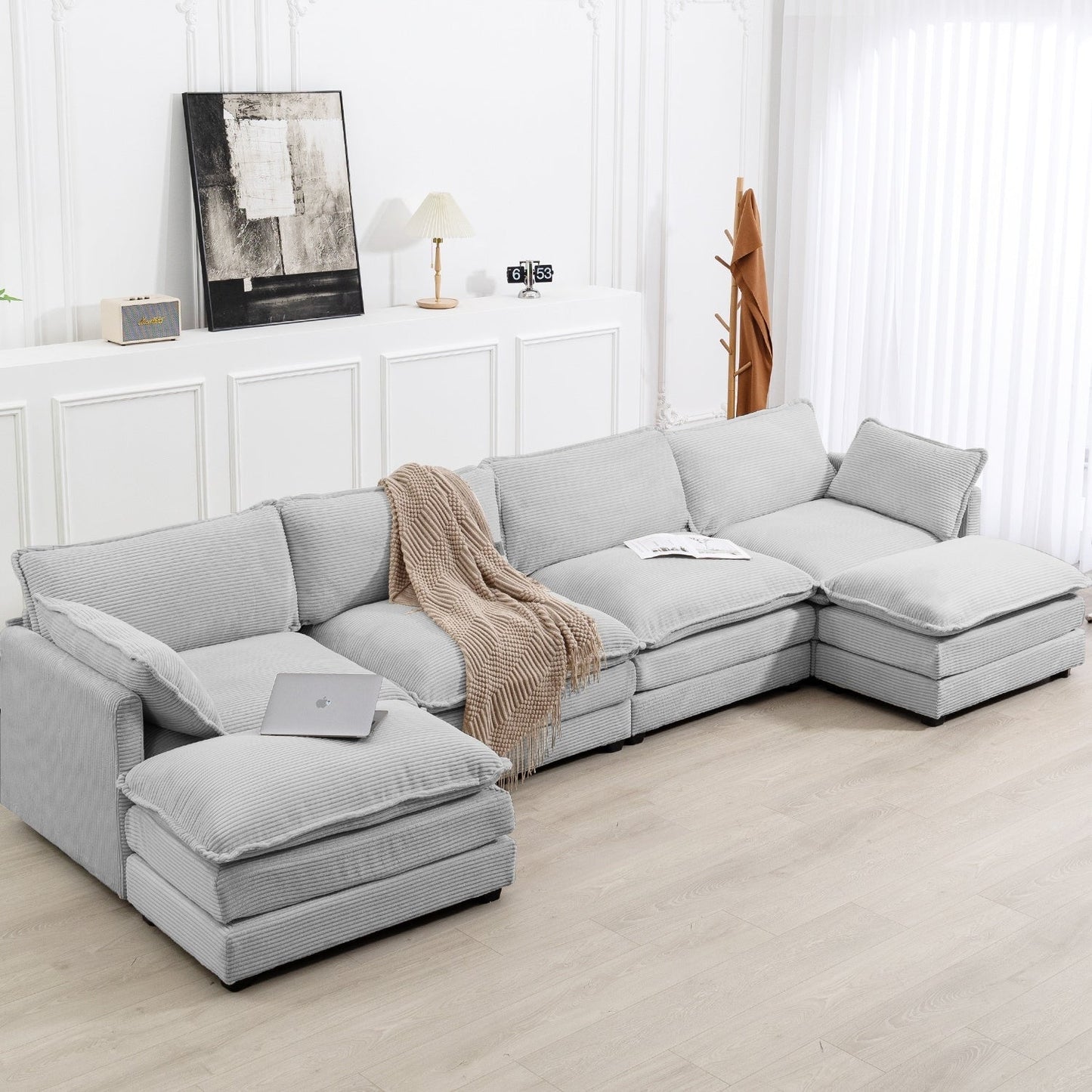 Corduroy Sectional Sofa with Removable Ottomans & Ultra-soft Cushions for Living Room & Bedroom