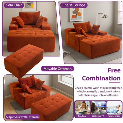 Corduroy Upholstered Memory Foam Sofa With Ottoman Upholstered Bean Bag Couch - 48.4Lx67.7Wx24.4H