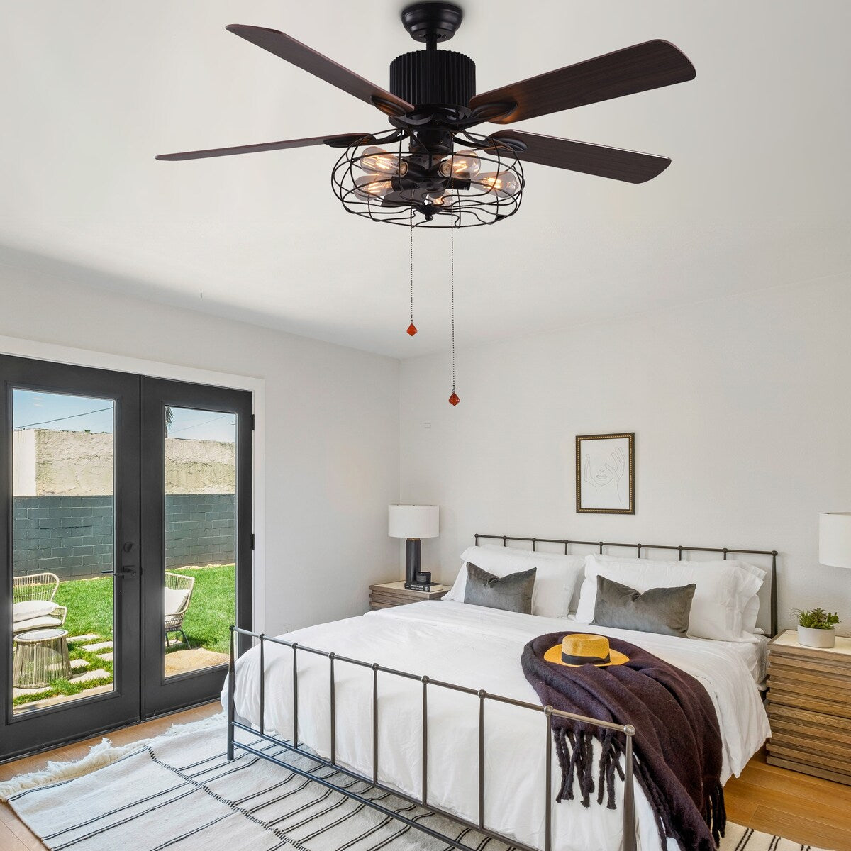 CurveCurio Farmhouse Industrial 5-Light Black Cage Ceiling Fan with Light, Remote Control and Pull Chain 42-48-52 inches