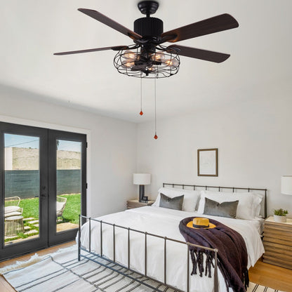 CurveCurio Farmhouse Industrial 5-Light Black Cage Ceiling Fan with Light, Remote Control and Pull Chain 42-48-52 inches