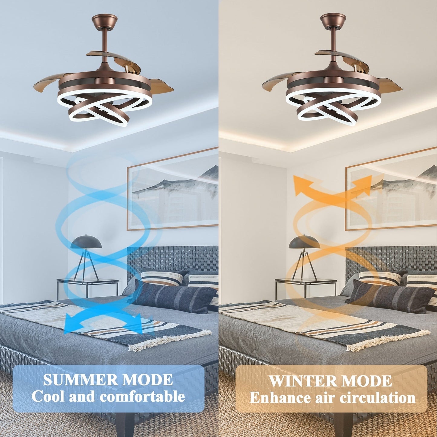 Cusp Barn 42 Retractable Ceiling Fan with Lights and Remote DIY Shape Fandelier Modern Silent DC Motor LED Ceiling Light
