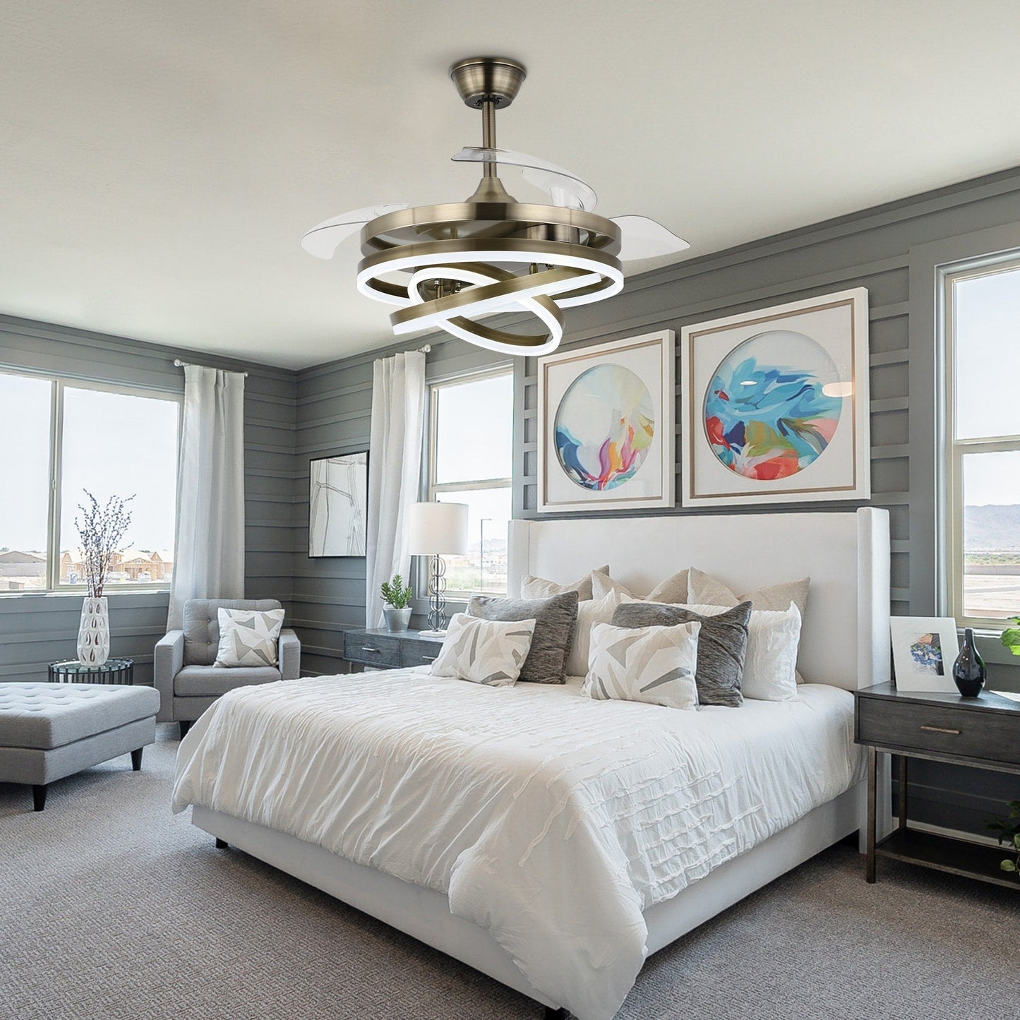 Cusp Barn 42 Retractable Ceiling Fan with Lights and Remote DIY Shape Fandelier Modern Silent DC Motor LED Ceiling Light