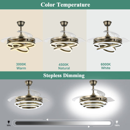 Cusp Barn 42 Retractable Ceiling Fan with Lights and Remote DIY Shape Fandelier Modern Silent DC Motor LED Ceiling Light