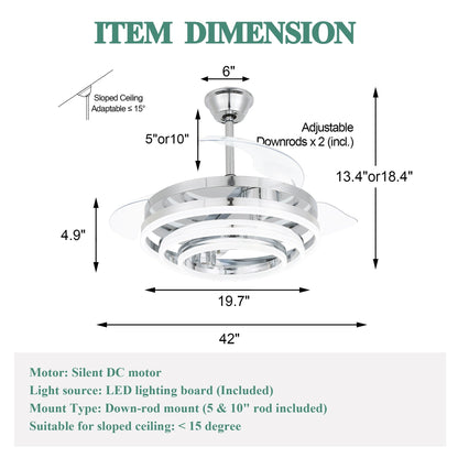 Cusp Barn 42 Retractable Ceiling Fan with Lights and Remote DIY Shape Fandelier Modern Silent DC Motor LED Ceiling Light