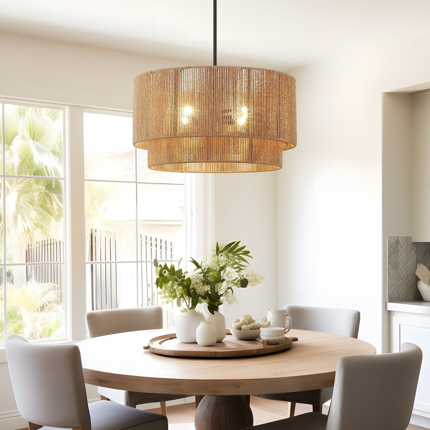 Cynthia 4-Light Natural Rattan Drum Chandelier Light - 22''W