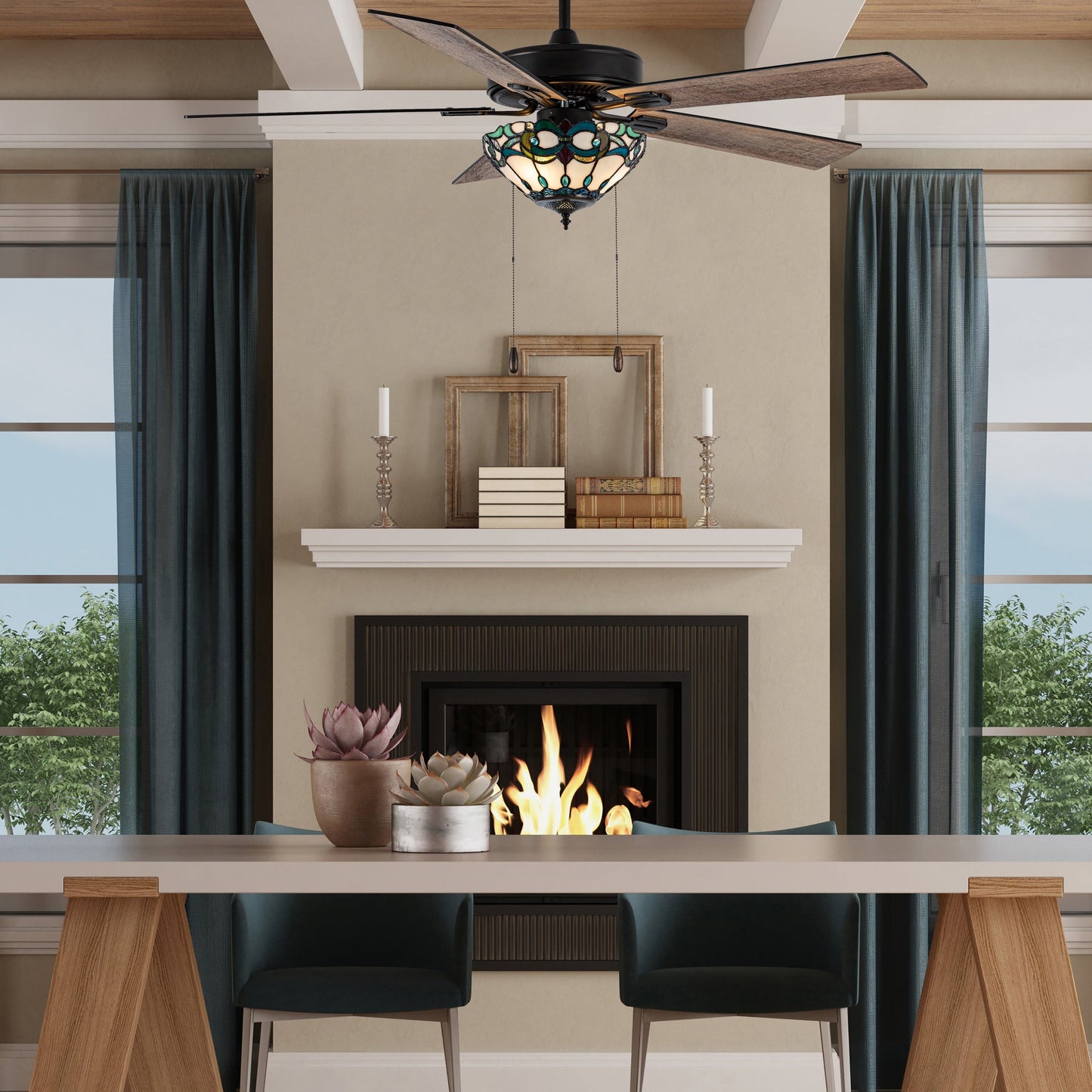 Della River of Goods Oil-Rubbed Bronze and Stained Glass 52-Inch 3-Light Remote-Controlled Ceiling Fan