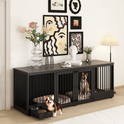 Dog Crate Furniture -Wooden Dog Kennel with Room Divider and 2 Drawers