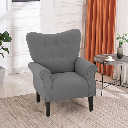 Erommy Modern Accent Chair, High Back Armchair, Upholstered Fabric Button Single Sofa with Wooden Legs for Living Room