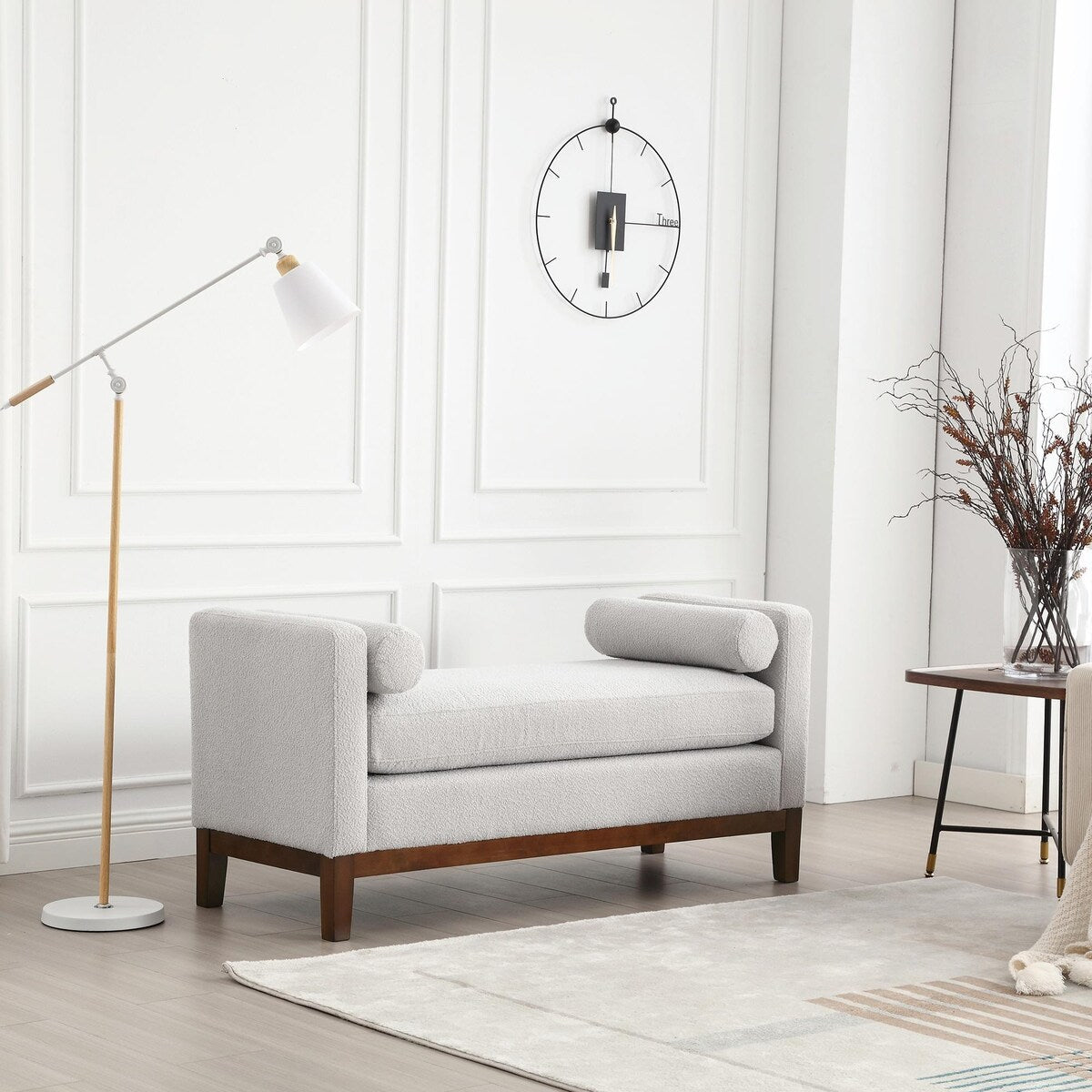 Elegant 53.5 Upholstered Ottoman Bench with Wood Legs & Bolster Pillows