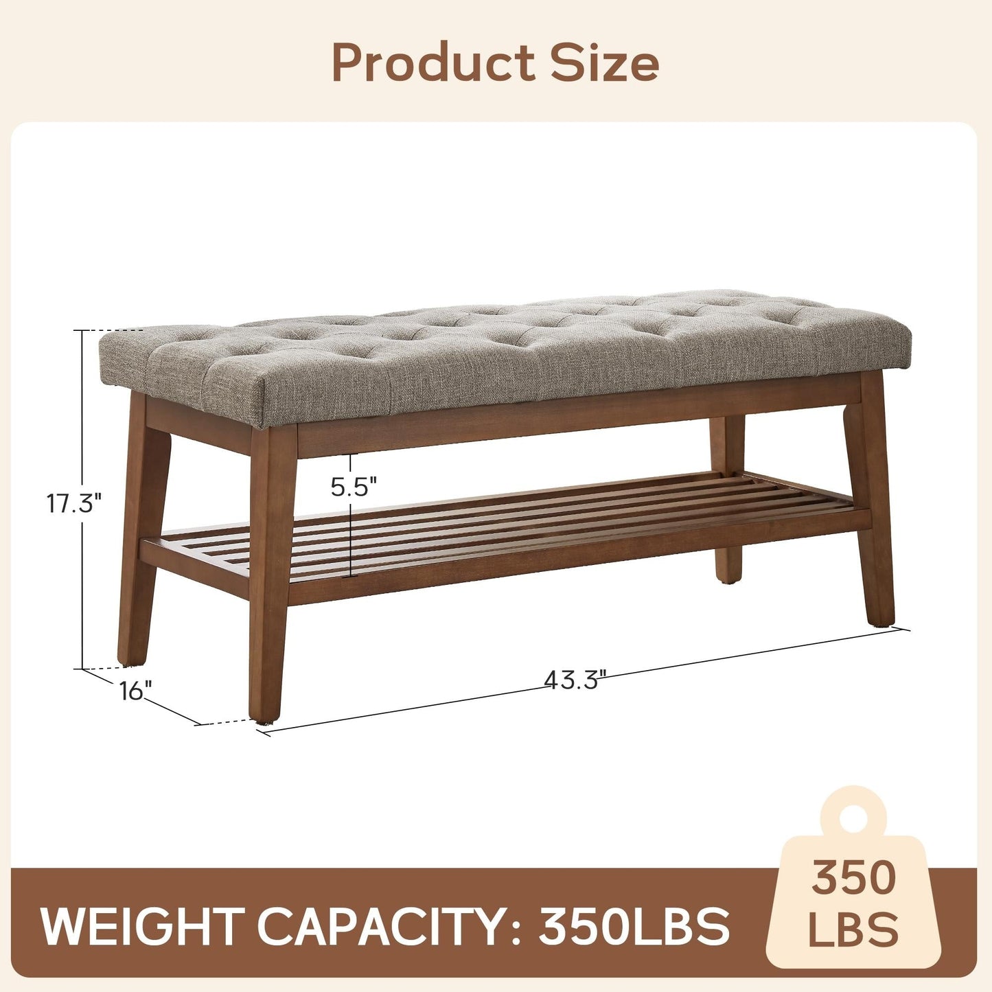 Entryway Shoe Bench Storage Bench Fabric Solid Wood, 43-inch Upholstered Bench for Living Room, Bedrooms