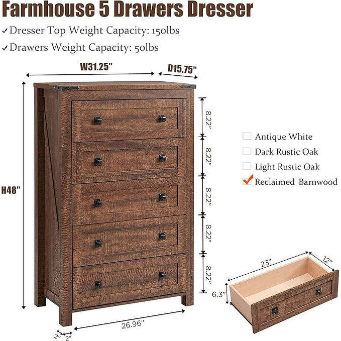48 Tall Farmhouse 5 Drawer Wood Dresser, Chest of Drawers for Bedroom