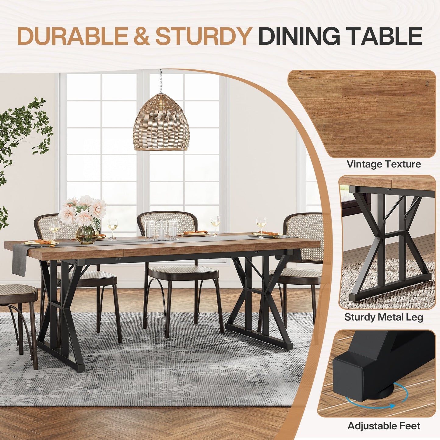 Farmhouse Dining Table for 6 People, 70.8-Inch Rectangular Wood Kitchen Table