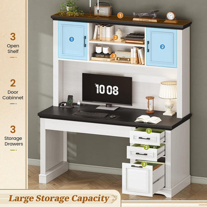 Farmhouse Executive Desk Home Office Desk File Drawer Monitor Stand Power Outlet