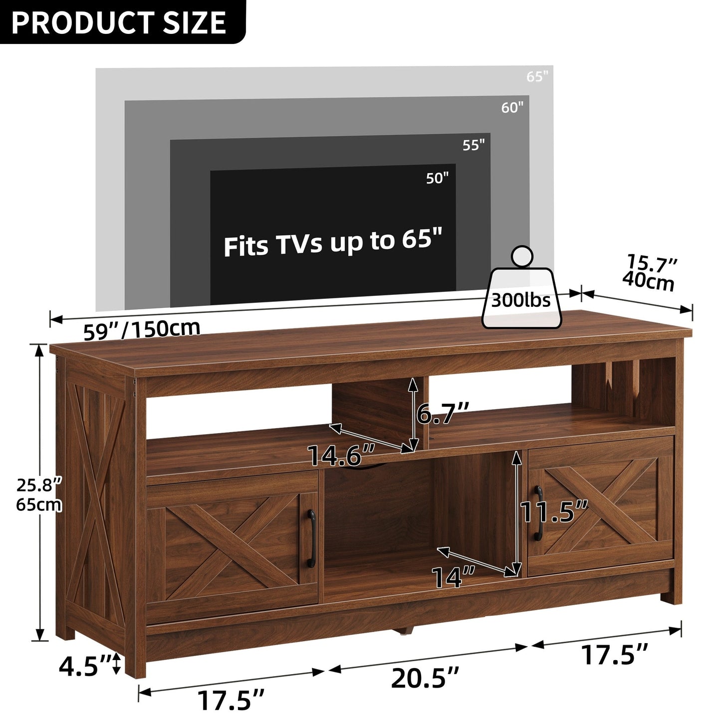 Farmhouse TV Stand for up to 65 TV with Doors and Open Shelves Media Console Power Outlet