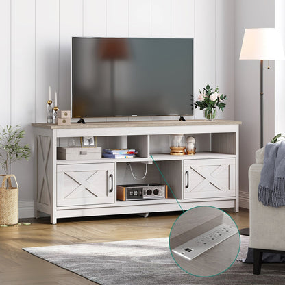 Farmhouse TV Stand for up to 65 TV with Doors and Open Shelves Media Console Power Outlet