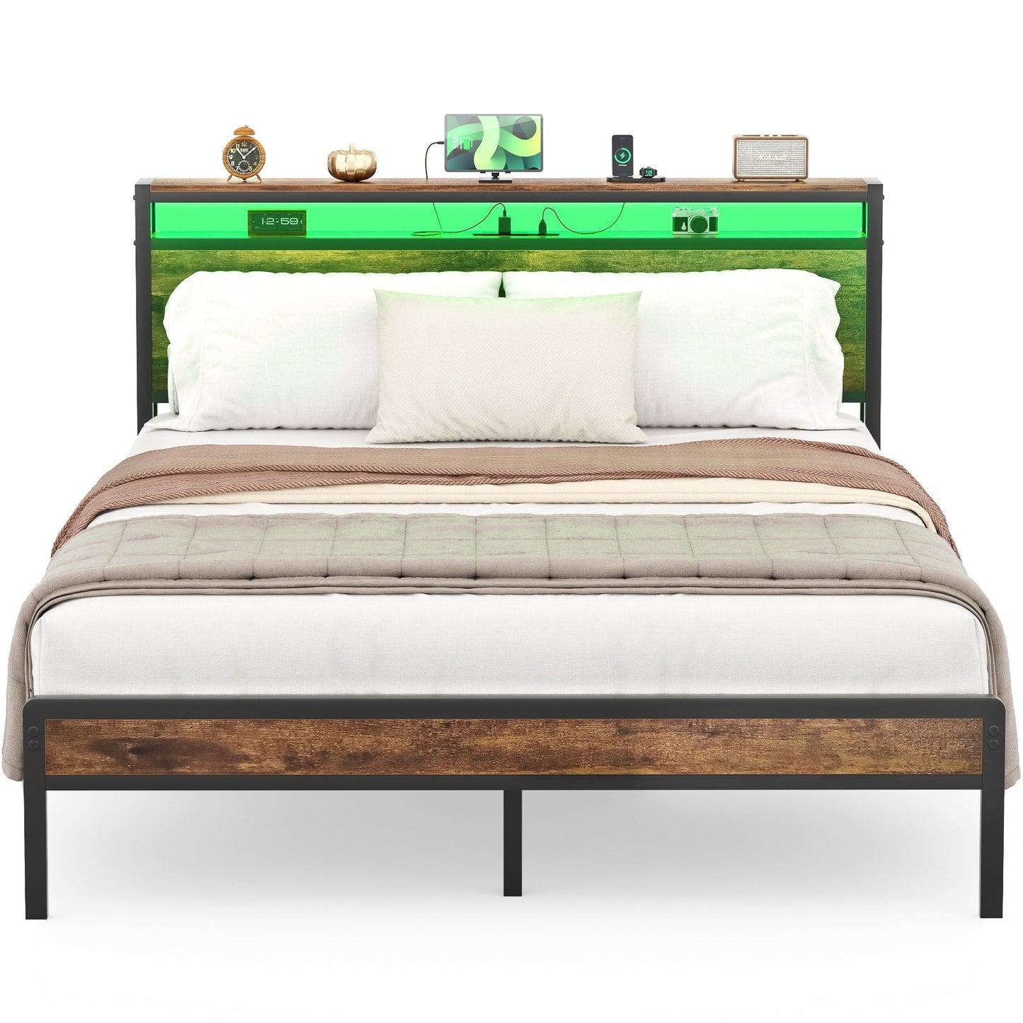 Farmhouse Wood Platform Bed Frame with Charged Station and LED Lights
