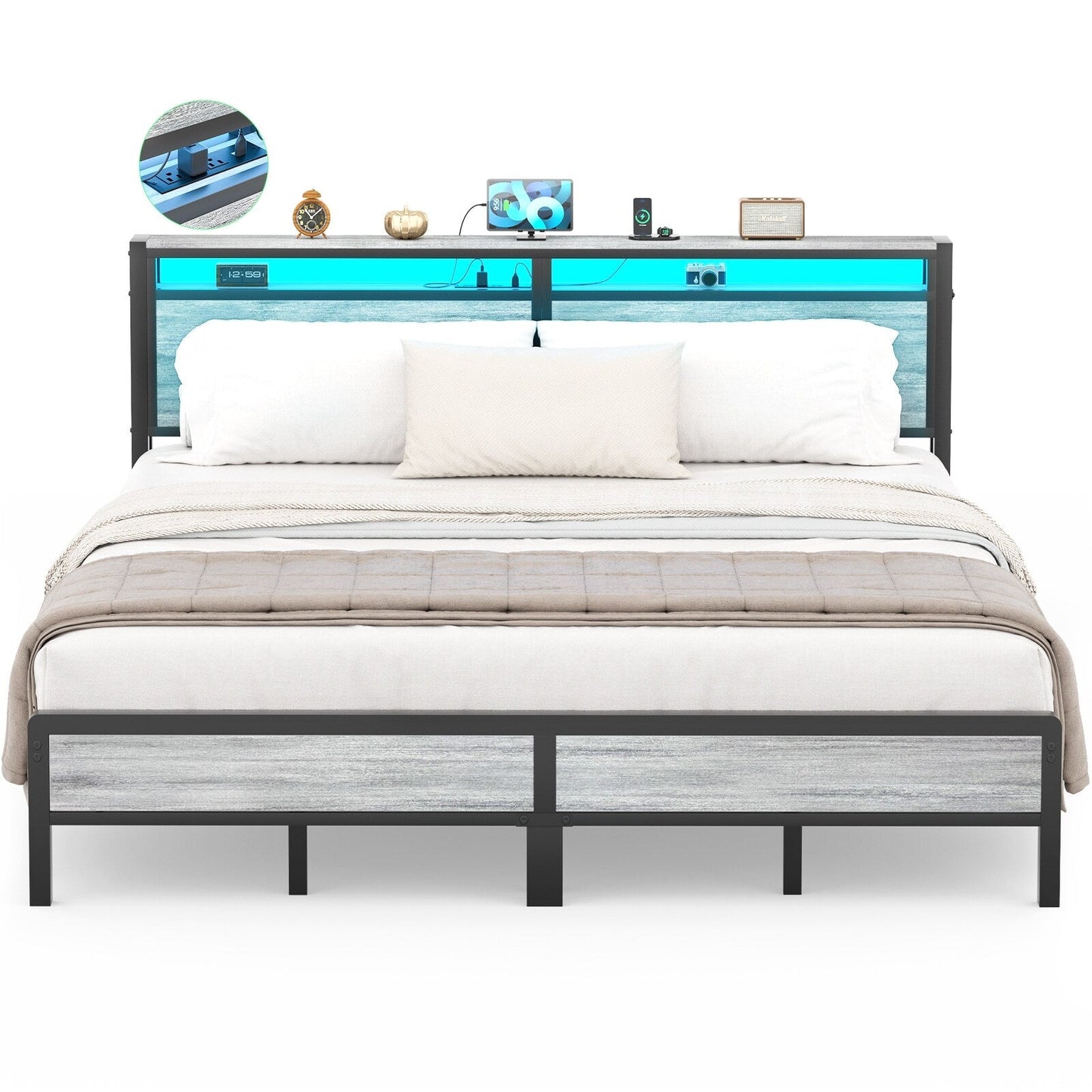 Farmhouse Wood Platform Bed Frame with Charged Station and LED Lights