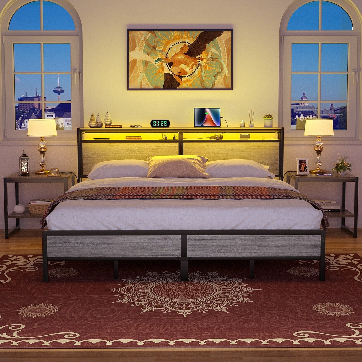 Farmhouse Wood Platform Bed Frame with Charged Station and LED Lights