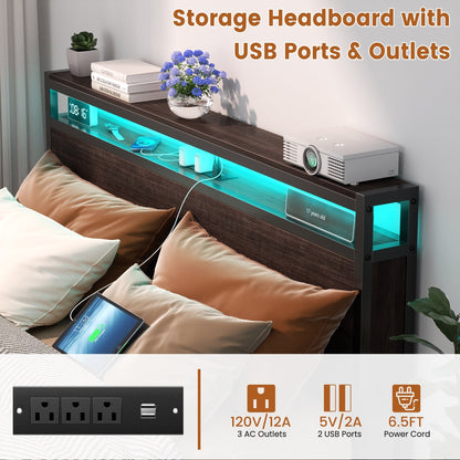 Farmhouse Wood Platform Bed Frame with Charged Station and LED Lights