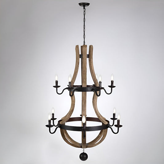 12 Light French Country Style Two Tier Wine Barrel Chandelier