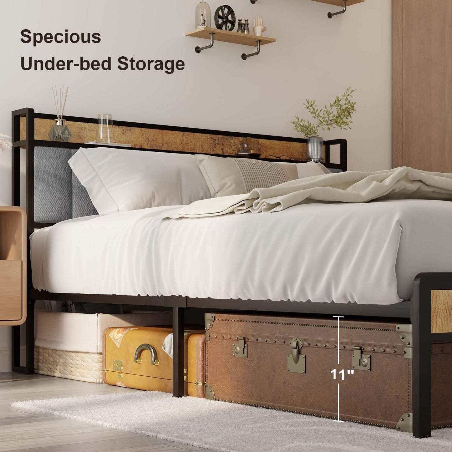 Twin / Full / Queen / King Size Metal Platform Bed Frame with Upholstered Storage Headboard