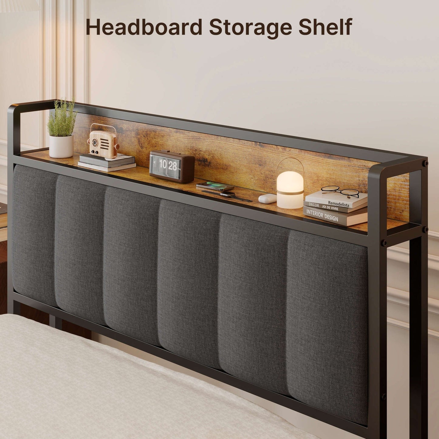 Twin / Full / Queen / King Size Metal Platform Bed Frame with Upholstered Storage Headboard