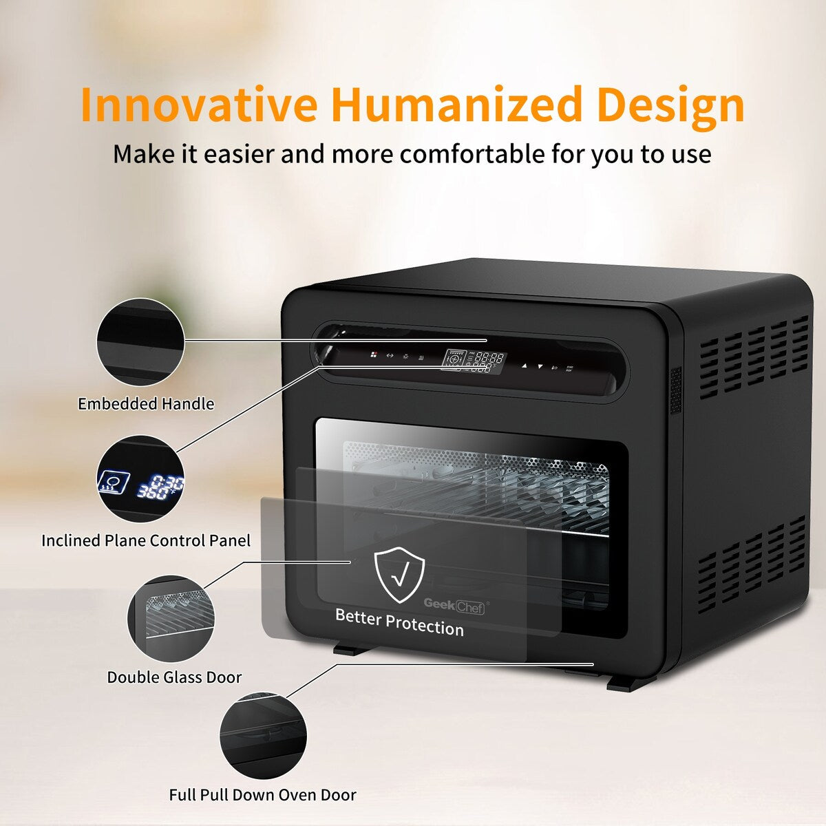 Geek Chef 26 QT Steam Air Fryer Toast Oven Combo , 50 Cooking Presets ,Black Stainless Steel