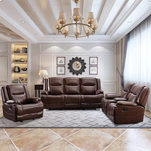 Genuine Leather Mid-century Modern Style Manual Recliners Sofa Set