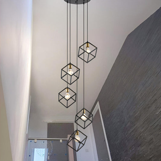 Geometric Pendant Chandelier for Stairway / Staircase, Adjustable Height 5 or 7 Light Cluster
