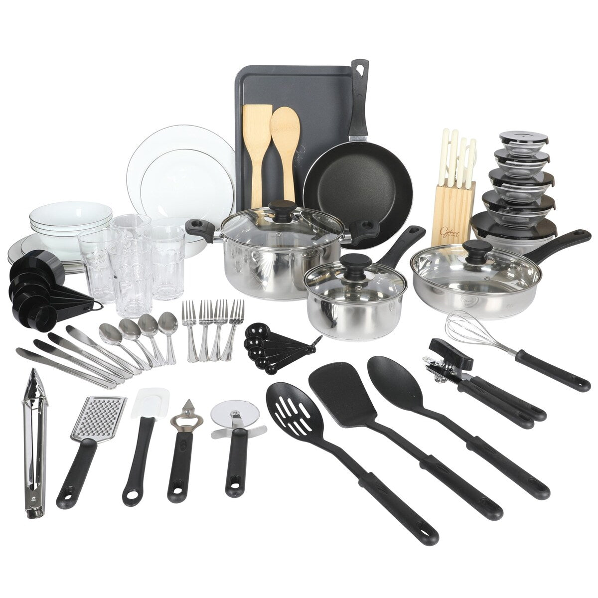 Gibson Home 74 Piece Kitchen Combo Set: Cookware, Dinnerware, Cutlery, Flatware, Tools & Gadgets, storage and Glassware