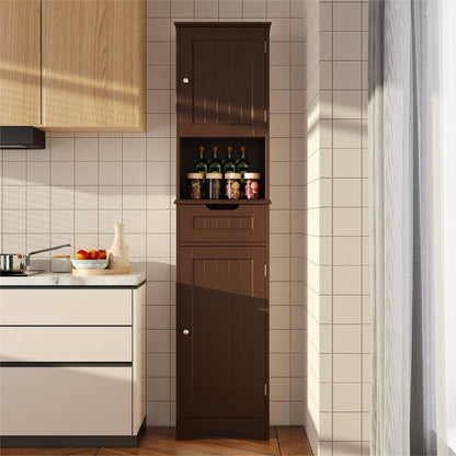 67'' Tall Bathroom Narrow Linen Cabinet, 5 Tiers Solid Wood Freestanding Storage Cabinet