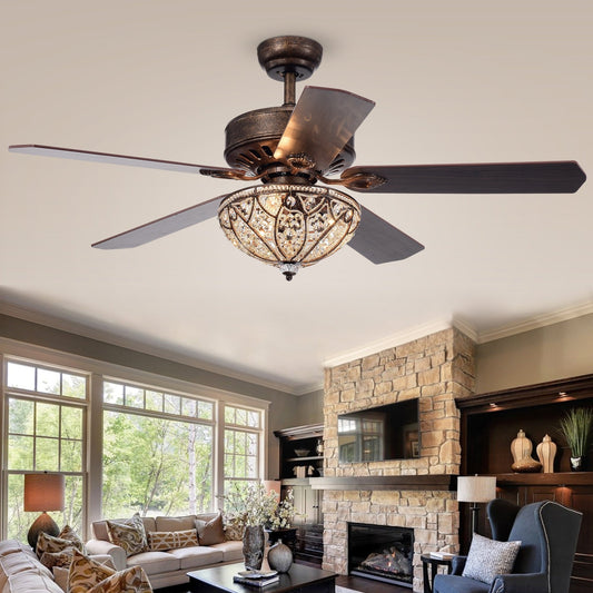 Gliska Rustic Bronze 5-blade Lighted Ceiling Fan with Crystal Shade