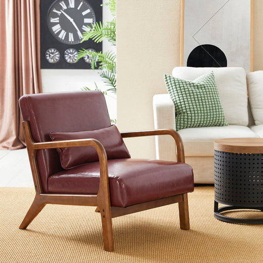 Glitzhome 30.75H Mid-Century Modern PU Leather Armchair Accent Chair with Pillow - 25.75W x 33.75D x 30.75H
