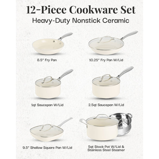 Gotham Steel Cream 12 Piece Pots and Pans Ultra Nonstick Ceramic Cookware Set with Stay Cool Handles