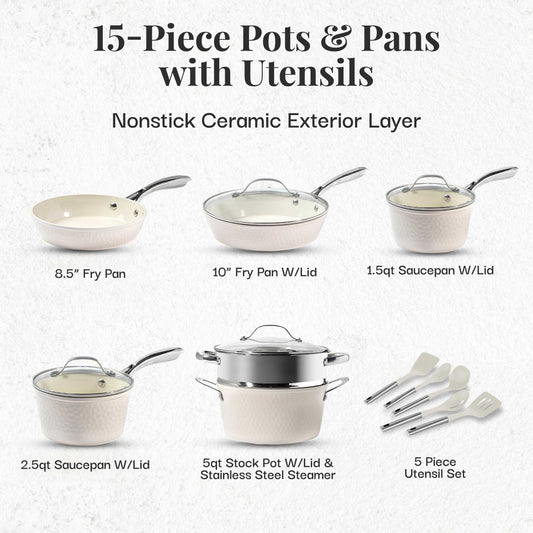 Gotham Steel Hammered Cream 15 Piece Pots and Pans Ultra Ceramic Nonstick Cookware Set with Utensils