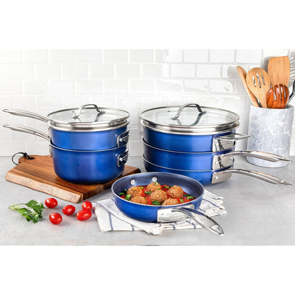 Granitestone Blue 15 Piece Stackmaster Nonstick Cookware Set with Glass Lids