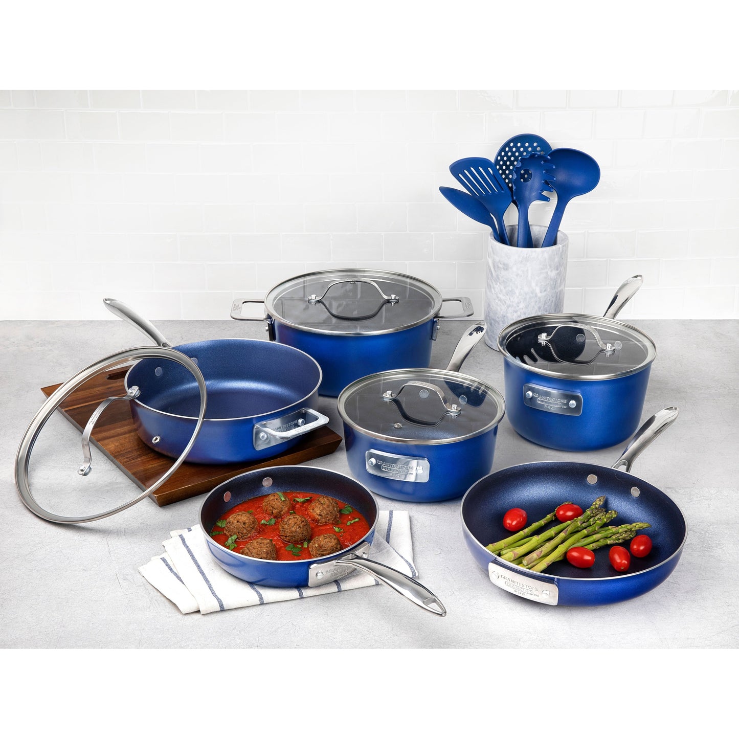 Granitestone Blue 15 Piece Stackmaster Nonstick Cookware Set with Glass Lids