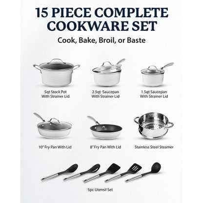 Granitestone Charleston Hammered 15 Piece Nonstick Cookware Set