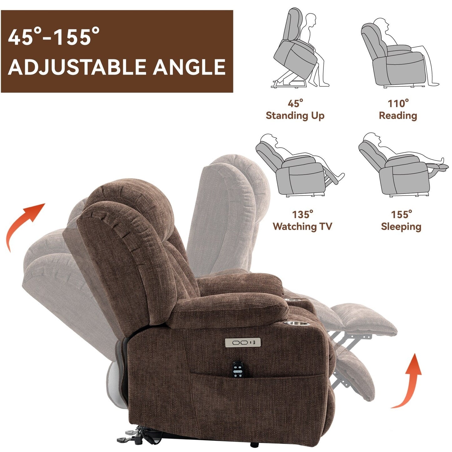 Grey Chenille Power Lift Recliner with Massage, Lumbar Heating, USB & Type-C Ports, and Stainless Steel Drink Holders