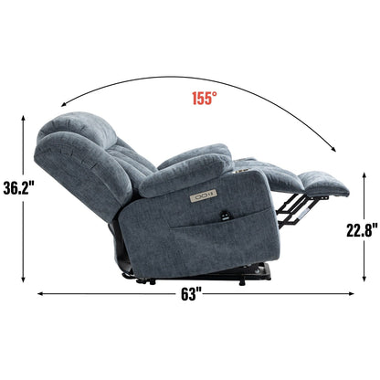 Grey Chenille Power Lift Recliner with Massage, Lumbar Heating, USB & Type-C Ports, and Stainless Steel Drink Holders