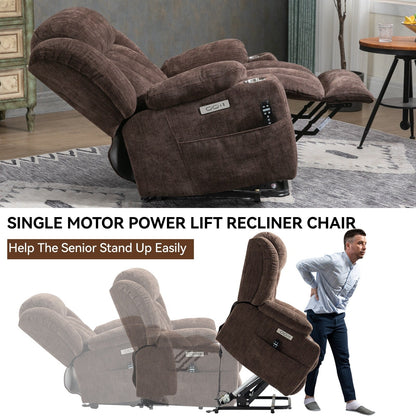 Grey Chenille Power Lift Recliner with Massage, Lumbar Heating, USB & Type-C Ports, and Stainless Steel Drink Holders