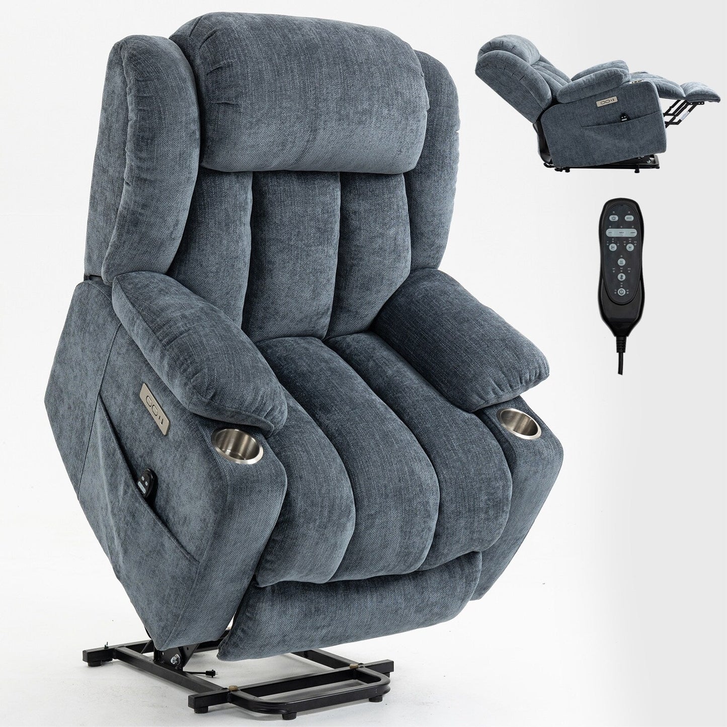 Grey Chenille Power Lift Recliner with Massage, Lumbar Heating, USB & Type-C Ports, and Stainless Steel Drink Holders