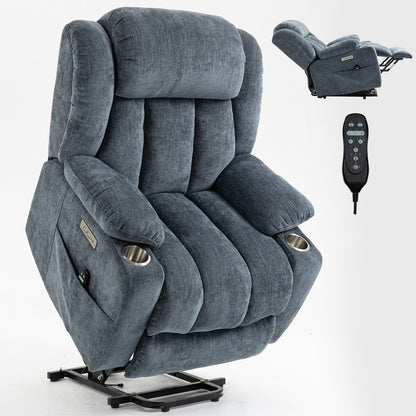 Grey Chenille Power Lift Recliner with Massage, Lumbar Heating, USB & Type-C Ports, and Stainless Steel Drink Holders